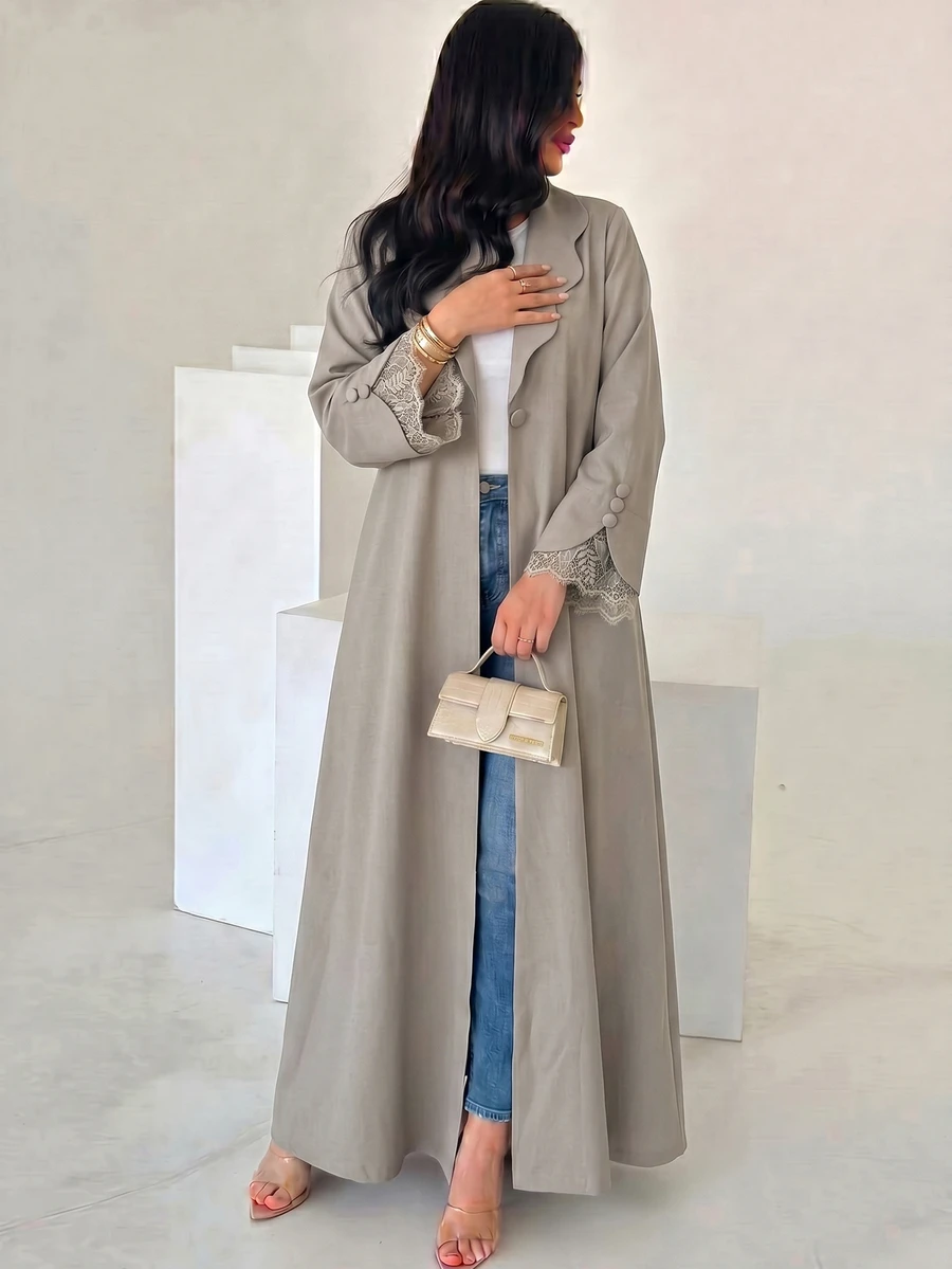 Yasveil 女款編織卡其色長袖蕾絲飾邊彼得潘領直筒版型優雅浪漫長袍