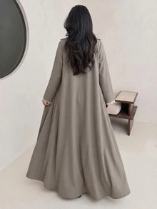 Yasveil 女款編織卡其色長袖蕾絲飾邊彼得潘領直筒版型優雅浪漫長袍 - 卡其色 - 查看 3