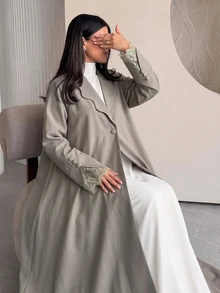 Yasveil 女款編織卡其色長袖蕾絲飾邊彼得潘領直筒版型優雅浪漫長袍 - 卡其色 - 查看 6