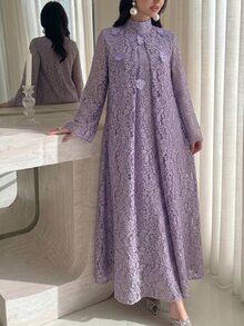 Yasveil Women's Purple Woven Lace Long Sleeve 3D Floral Mushroom Button ...