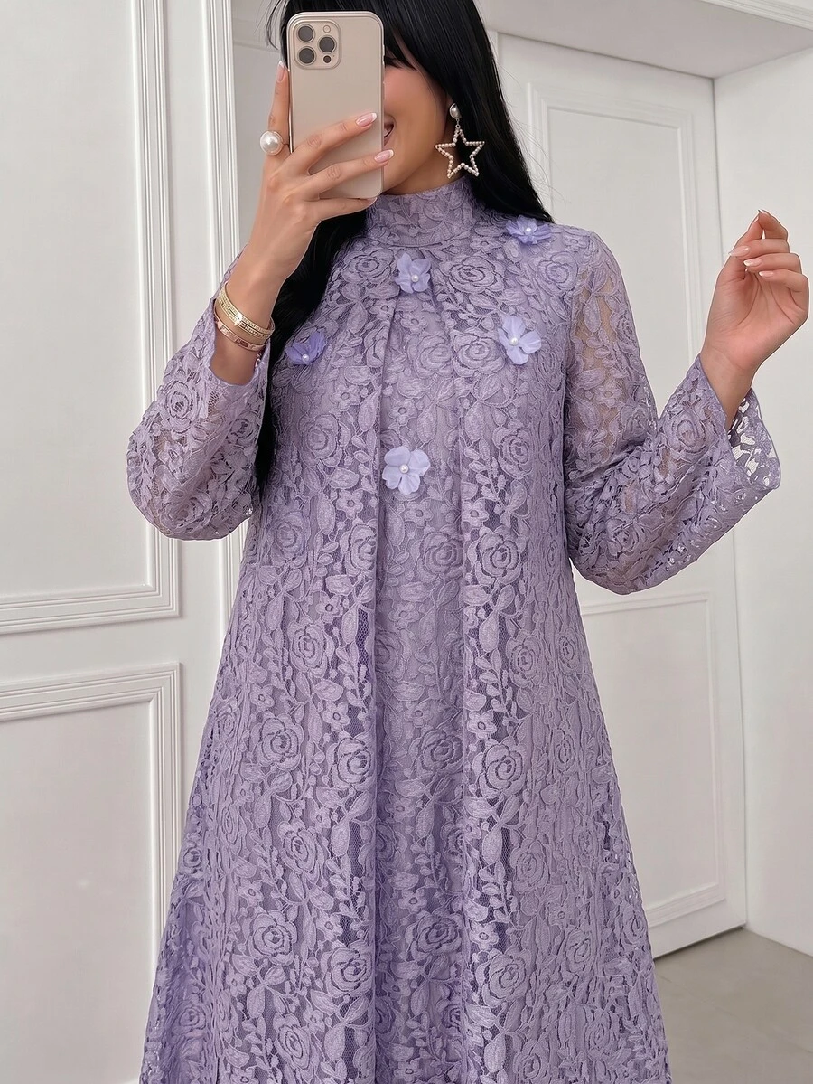 Yasveil Women's Purple Woven Lace Long Sleeve 3D Floral Mushroom Button ...