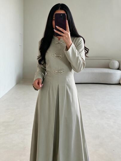 Yasveil Women's Woven Grey Long Sleeve Frog Button Tie Waist A-Line Elegant Modest Normal Romantic Arabian Dress Wedding Summer Elegant Minimalist