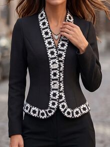 SHEIN Women's French Style Contrast Color Lace Trim V Neck Waist-Cinching Fitted Long Sleeve Jacket - Black - View 5