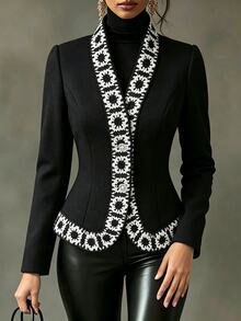 SHEIN Women's French Style Contrast Color Lace Trim V Neck Waist-Cinching Fitted Long Sleeve Jacket - Black - View 8