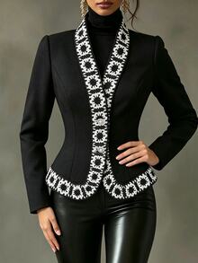 SHEIN Women's French Style Contrast Color Lace Trim V Neck Waist-Cinching Fitted Long Sleeve Jacket - Black - View 7