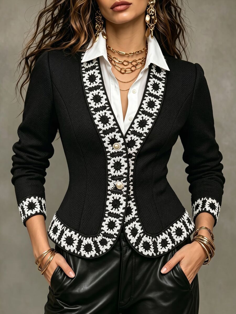 SHEIN Women's French Style Contrast Color Lace Trim V Neck Waist-Cinching Fitted Long Sleeve Jacket - Black - View 1