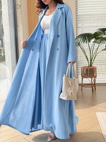 Yasveil Setelan Abaya Lengan Panjang Berkerah Puncak Kancing Ganda dan Rok Lebar Pinggang Elastis - Biru - View 3