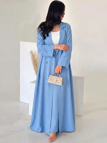 Yasveil Setelan Abaya Lengan Panjang Berkerah Puncak Kancing Ganda dan Rok Lebar Pinggang Elastis - Biru - View 2