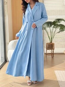 Yasveil Setelan Abaya Lengan Panjang Berkerah Puncak Kancing Ganda dan Rok Lebar Pinggang Elastis - Biru - View 9