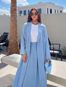 Yasveil Setelan Abaya Lengan Panjang Berkerah Puncak Kancing Ganda dan Rok Lebar Pinggang Elastis - Biru - View 8