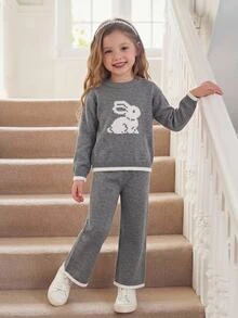 Young Girl Rabbit Jacquard Pattern Sweater & Knitted Pants Set Pullover - Grey - View 10