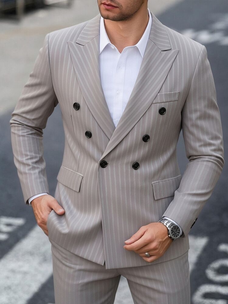 Manfinity Mode Men's Light Gray Double-Breasted Slim Fit Business Formal Suit Set For Banquet - Light Grey - View 7