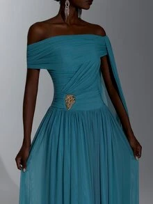 Elitara Elegant Queen Romantic Knitted Asymmetric Neck Ruched Shaping Waist Bodycon Fishtail Flared Dress Wedding Formal Prom Party Balls Women's Teal Winter - Teal Blue - View 3