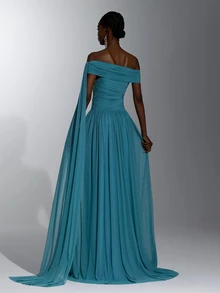Elitara Elegant Queen Romantic Knitted Asymmetric Neck Ruched Shaping Waist Bodycon Fishtail Flared Dress Wedding Formal Prom Party Balls Women's Teal Winter - Teal Blue - View 4