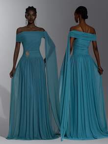 Elitara Elegant Queen Romantic Knitted Asymmetric Neck Ruched Shaping Waist Bodycon Fishtail Flared Dress Wedding Formal Prom Party Balls Women's Teal Winter - Teal Blue - View 10