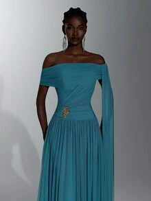 Elitara Elegant Queen Romantic Knitted Asymmetric Neck Ruched Shaping Waist Bodycon Fishtail Flared Dress Wedding Formal Prom Party Balls Women's Teal Winter - Teal Blue - View 7