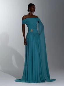 Elitara Elegant Queen Romantic Knitted Asymmetric Neck Ruched Shaping Waist Bodycon Fishtail Flared Dress Wedding Formal Prom Party Balls Women's Teal Winter - Teal Blue - View 9