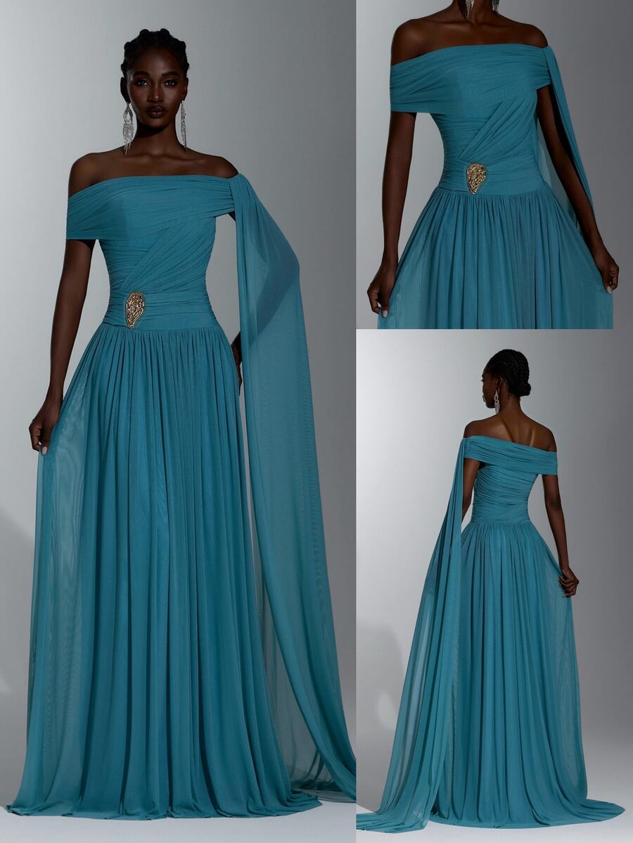 Elitara Elegant Queen Romantic Knitted Asymmetric Neck Ruched Shaping Waist Bodycon Fishtail Flared Dress Wedding Formal Prom Party Balls Women's Teal Winter