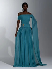 Elitara Elegant Queen Romantic Knitted Asymmetric Neck Ruched Shaping Waist Bodycon Fishtail Flared Dress Wedding Formal Prom Party Balls Women's Teal Winter - Teal Blue - View 6