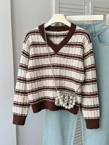 SHEIN 青少年女孩棕色與白色條紋拼色粗針編織V領燈籠袖寬鬆套頭毛衣，適合秋冬、休閒、戶外、旅行、度假、育兒等場合，亦適用於秋冬季節、聖誕節、開學季 - 棕色 - 查看 11