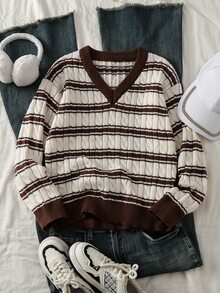 SHEIN 青少年女孩棕色與白色條紋拼色粗針編織V領燈籠袖寬鬆套頭毛衣，適合秋冬、休閒、戶外、旅行、度假、育兒等場合，亦適用於秋冬季節、聖誕節、開學季 - 棕色 - 查看 8