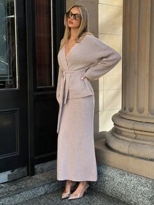 Aloruh Women's Solid Color Dropped Shoulder Long Sleeve Knit Cardigan And Knit Skirt Set - Mocha Brown - View 4