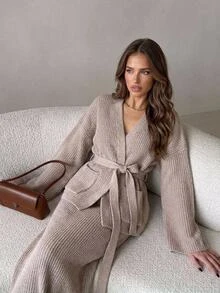 Aloruh Women's Solid Color Dropped Shoulder Long Sleeve Knit Cardigan And Knit Skirt Set - Mocha Brown - View 8