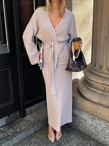Aloruh Women's Solid Color Dropped Shoulder Long Sleeve Knit Cardigan And Knit Skirt Set - Mocha Brown - View 6