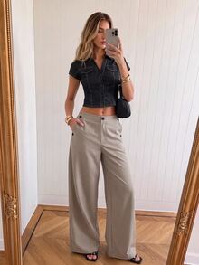 Avantive Women's Solid Color Pocket Wide Leg Loose Casual Suit Pants - Khaki - View 2