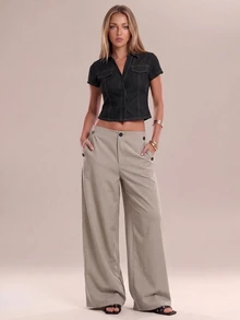 Avantive Women's Solid Color Pocket Wide Leg Loose Casual Suit Pants - Khaki - View 1
