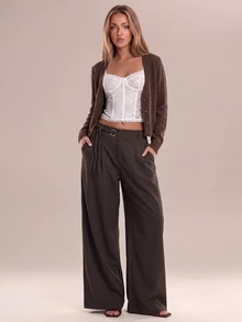 Avantive Women's Casual Commute Solid Color Low Waist Loose Fit Long Pants Office Work Dark Brown Fall - Rust Brown - View 1