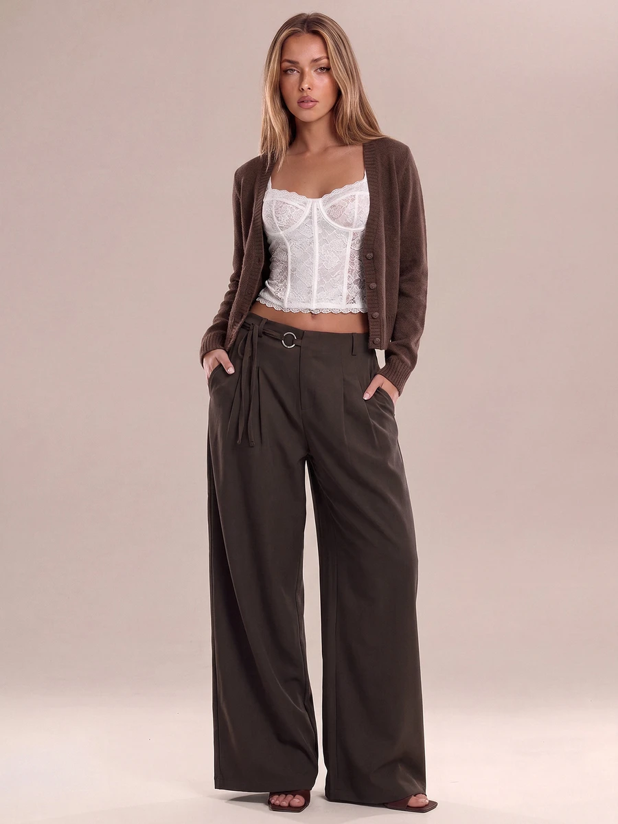 Avantive Women's Casual Commute Solid Color Low Waist Loose Fit Long Pants Office Work Dark Brown Fall - Rust Brown - View 1