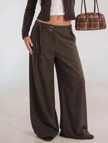 Avantive Women's Casual Commute Solid Color Low Waist Loose Fit Long Pants Office Work Dark Brown Fall - Rust Brown - View 9