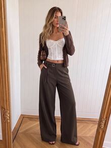 Avantive Women's Casual Commute Solid Color Low Waist Loose Fit Long Pants Office Work Dark Brown Fall - Rust Brown - View 2