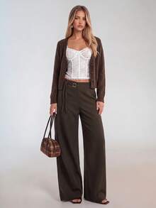 Avantive Women's Casual Commute Solid Color Low Waist Loose Fit Long Pants Office Work Dark Brown Fall - Rust Brown - View 7