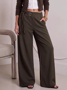 Avantive Women's Casual Commute Solid Color Low Waist Loose Fit Long Pants Office Work Dark Brown Fall - Rust Brown - View 3