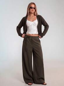 Avantive Women's Casual Commute Solid Color Low Waist Loose Fit Long Pants Office Work Dark Brown Fall - Rust Brown - View 8
