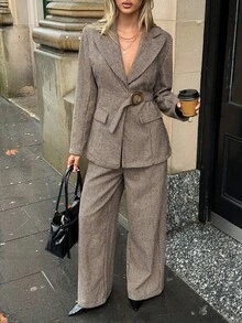 Aloruh 棕色格紋女款長袖西裝外套與長褲休閒套裝 - 棕色 - 查看 5
