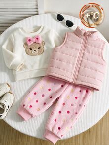 SHEIN 新生兒女嬰秋冬套裝 可愛抓絨內裡毛絨戶外熊圖案 白色粉色波點套裝 - 淺粉色 - 查看 2