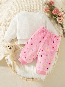 SHEIN 新生兒女嬰秋冬套裝 可愛抓絨內裡毛絨戶外熊圖案 白色粉色波點套裝 - 淺粉色 - 查看 5