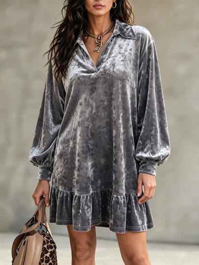 LanaWest Casual Vacation Western Style Glossy Velvet Fabric Grey Shirt Collar V-Neck Slimming Dropped Shoulder Petal Sleeve Long Sleeve Loose Fit Mini Dress