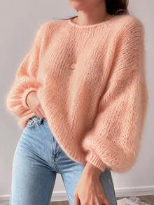 SHEIN LUNE 法式休閒慵懶針織毛衣 蓬鬆針織套頭衫 掉肩燈籠袖 女款毛衣 早午餐 秋冬聖誕新年穿搭 派對裝 - 粉色 - 查看 5