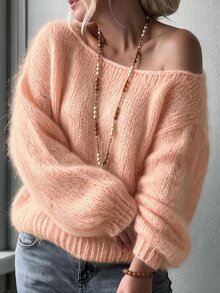 SHEIN LUNE 法式休閒慵懶針織毛衣 蓬鬆針織套頭衫 掉肩燈籠袖 女款毛衣 早午餐 秋冬聖誕新年穿搭 派對裝 - 粉色 - 查看 4