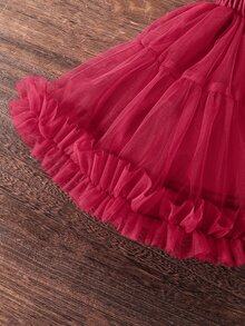 SHEIN 女童優雅3D蝴蝶結裝飾上衣裙套裝，適合日常、1歲生日、7歲生日、外出、正式場合、學校等，棕色秋季款 - 酒紅色 - 查看 7