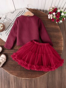 SHEIN 女童優雅3D蝴蝶結裝飾上衣裙套裝，適合日常、1歲生日、7歲生日、外出、正式場合、學校等，棕色秋季款 - 酒紅色 - 查看 2