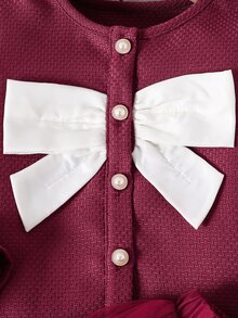 SHEIN 女童優雅3D蝴蝶結裝飾上衣裙套裝，適合日常、1歲生日、7歲生日、外出、正式場合、學校等，棕色秋季款 - 酒紅色 - 查看 8