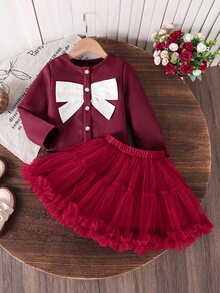SHEIN 女童優雅3D蝴蝶結裝飾上衣裙套裝，適合日常、1歲生日、7歲生日、外出、正式場合、學校等，棕色秋季款 - 酒紅色 - 查看 5