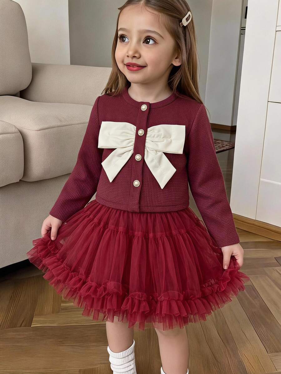 SHEIN 女童優雅3D蝴蝶結裝飾上衣裙套裝，適合日常、1歲生日、7歲生日、外出、正式場合、學校等，棕色秋季款 - 酒紅色 - 查看 1
