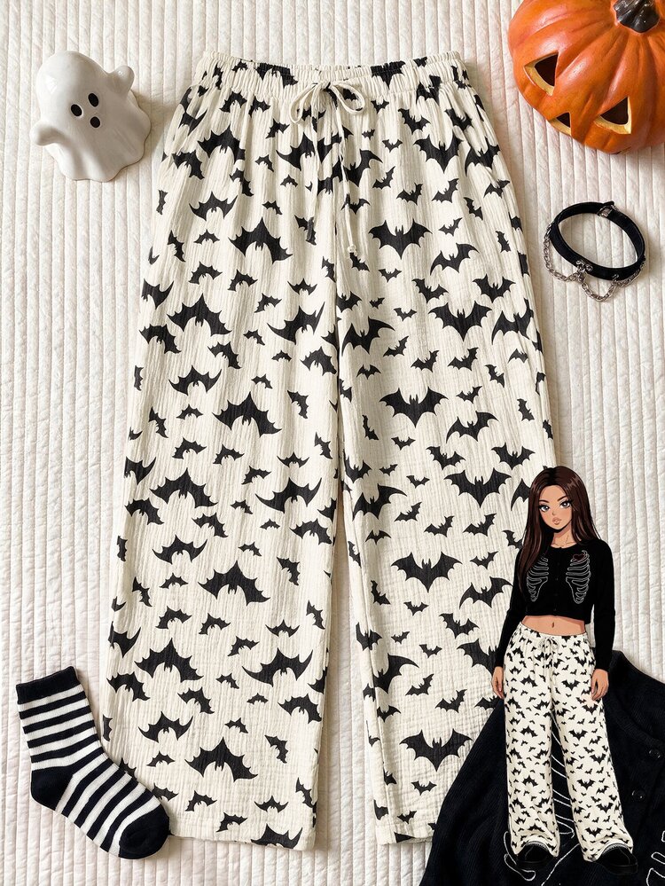 Comfortcana Halloween Cotton Bat Print Plus Size Lounge Pants Formal Vacation Beige Autumn Casual - Apricot - View 10