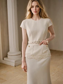 Anewsta Autumn Beige 2 In 1 Lightweight Dress With Textured Hem, Lace Trim And Belt For Women - Beige - View 5